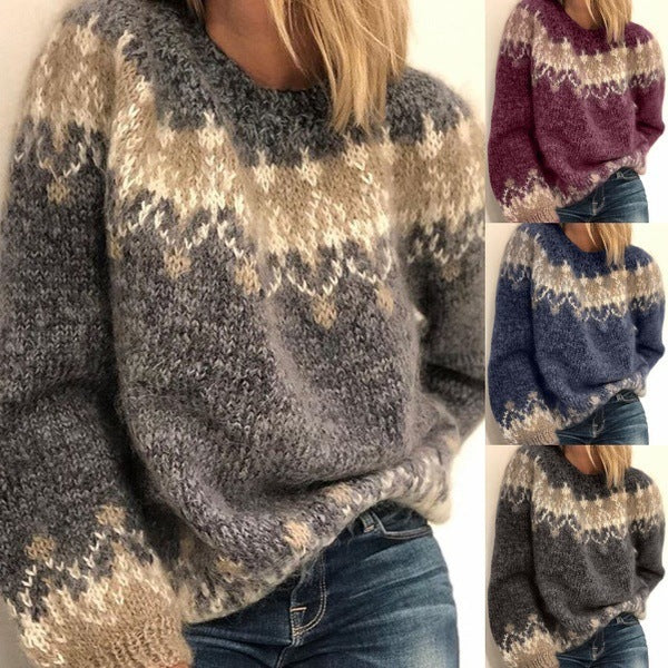 Casual Pullover Jacquard Sweater Autumn And Winter Fashion Ethnic Style Knitted Tops Women's Clothing