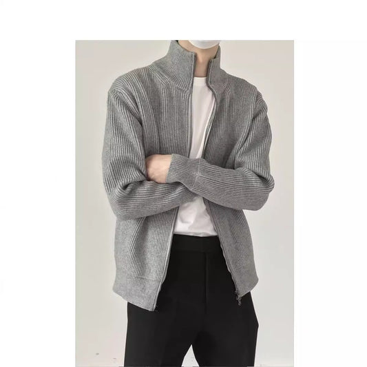 Men's autumn and winter outfit, high necked men's jacket, knitted sweater, men's zipper cardigan, sweater jacket, versatile cotton jacket